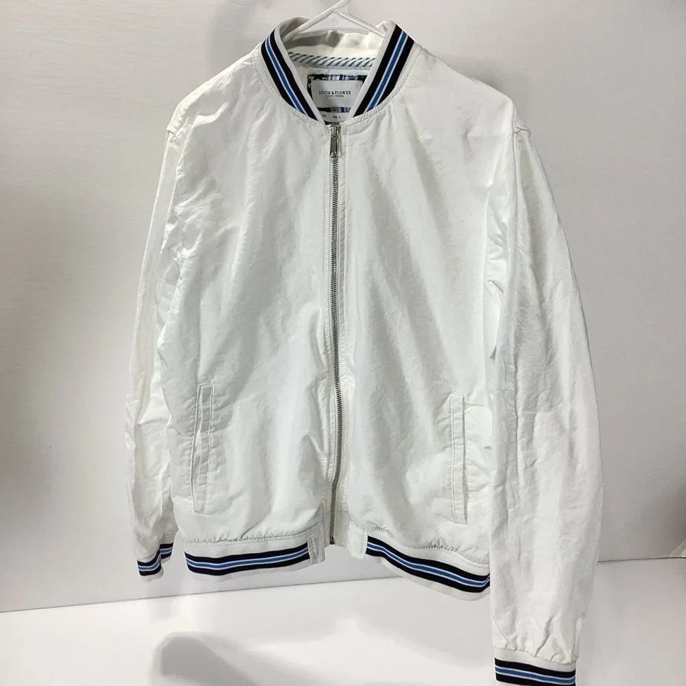 Denim & Flower White Bomber Jacket with Navy Stripes Ricky Singr Tennis L